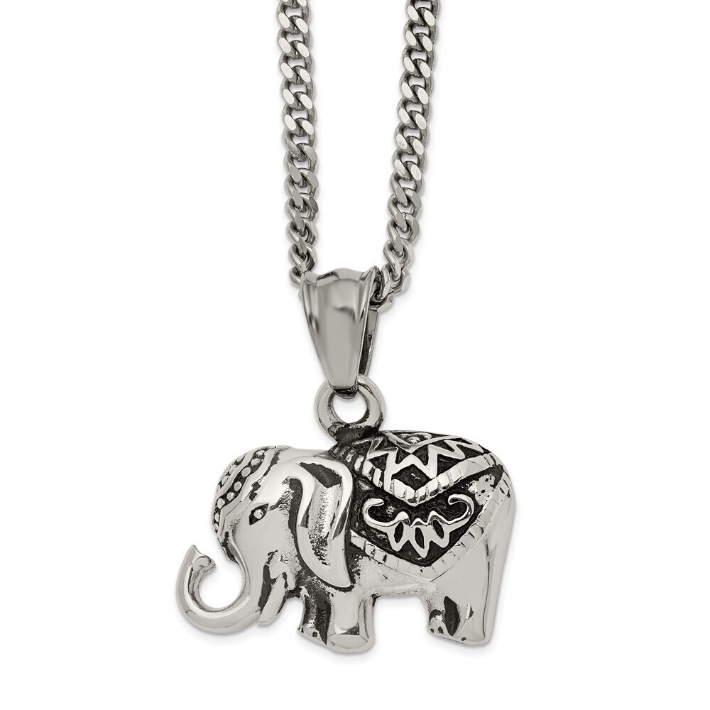 Stainless Steel Antiqued And Polished Elephant 20in Necklace